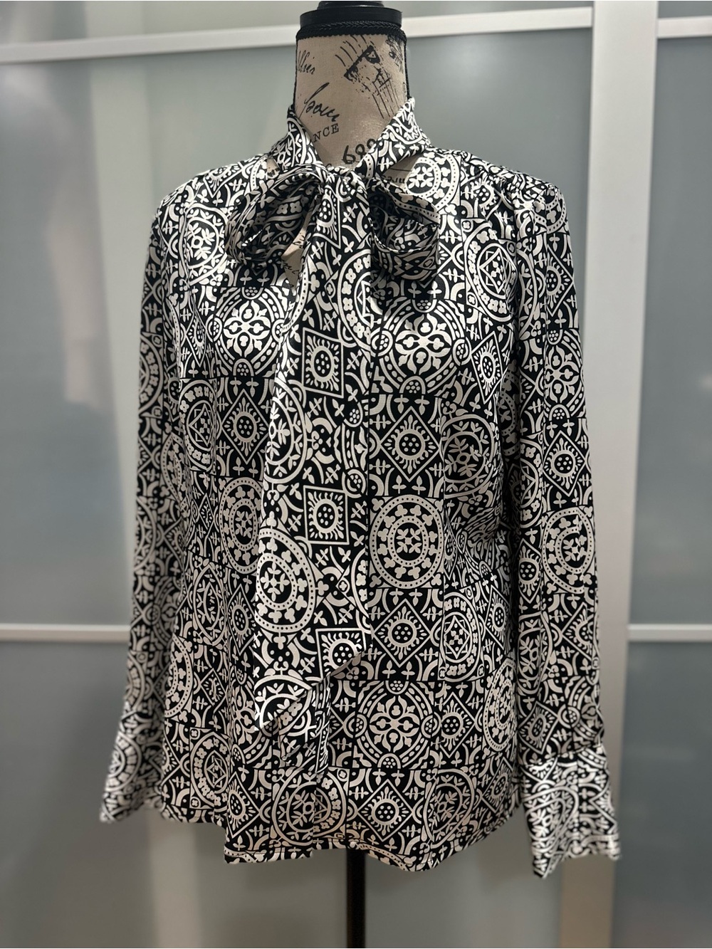 BCBGMaxAzria Black and White Printed Tie-Neck Blouse
